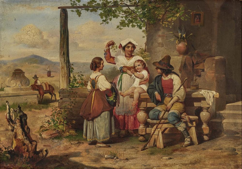 Famiglia di pastori italiani davanti alla loro casa in Campagna - attribuito